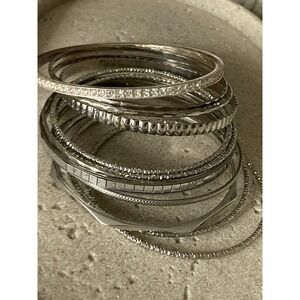 Silver Tone Bangle Bracelet Set Of 12 Layering Stackable Everyday Wear